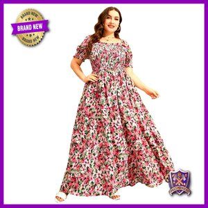 Plus Size Floral Maxi Dress Shirred Bust Boho Beach Wedding Formal